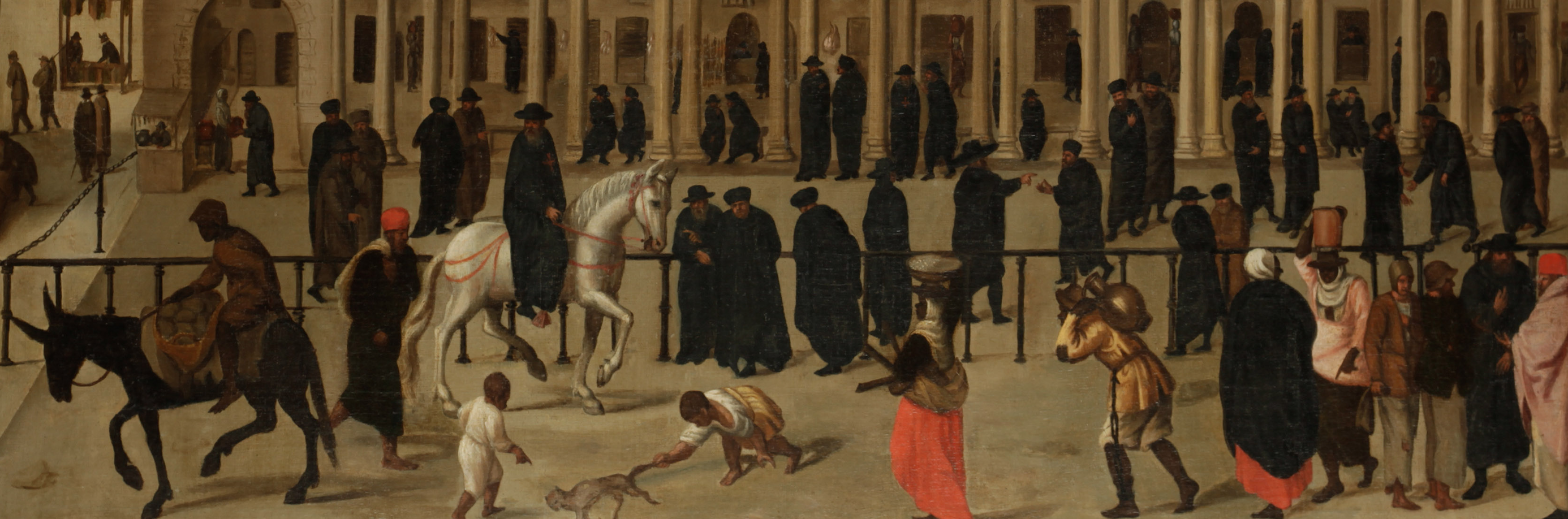 'Rua Nova dos Mercadores' (Lisbon): A crowded street scene, with people walking in different directions. Some are carrying objects. Some are conversing. Children in the foreground play with a animal. Behind the passersby is a row of tall buildings. 
