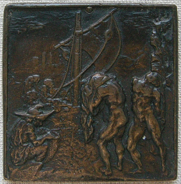Square metal plaquette depicting a scene from Plautus.