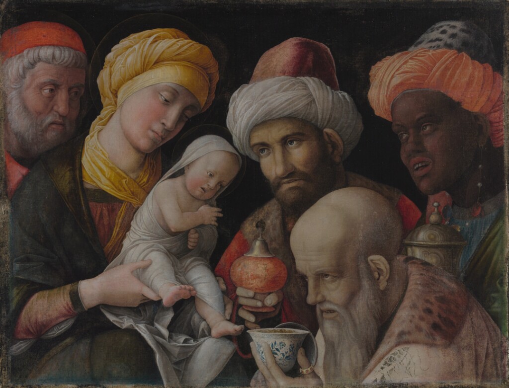 Three kings pay homage to the Christ Child, who in turn makes a sign of blessing. Jesus Christ, his mother the Virgin Mary, and Mary's husband Joseph have haloes and wear simple garments, while the Magi are dressed in exotic clothing and jewels.