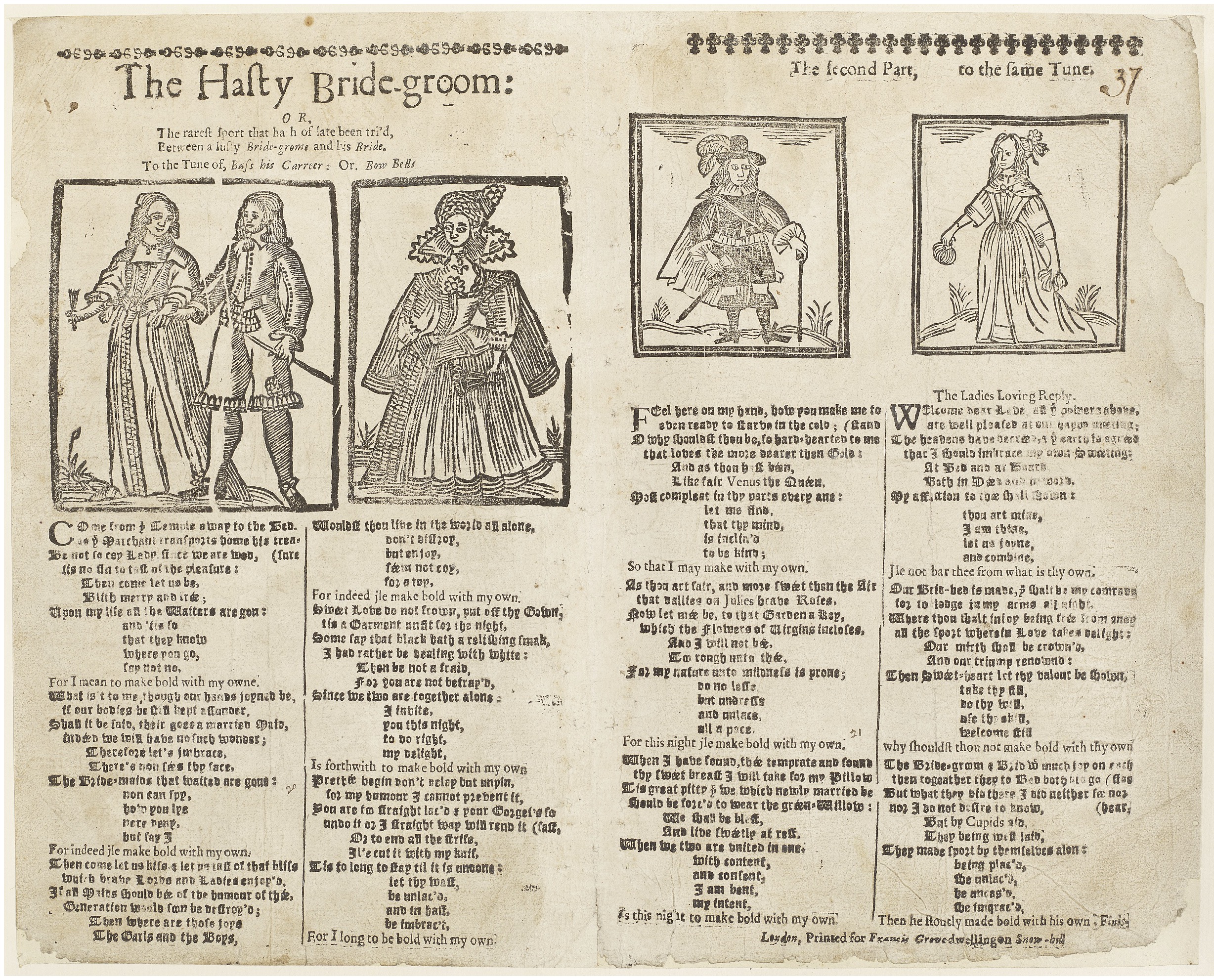 Early Modern Printed Ballad, entitled 'The Hasty Bridegroom', with four woodcut figures of men and women and semi-legible blackletter text.