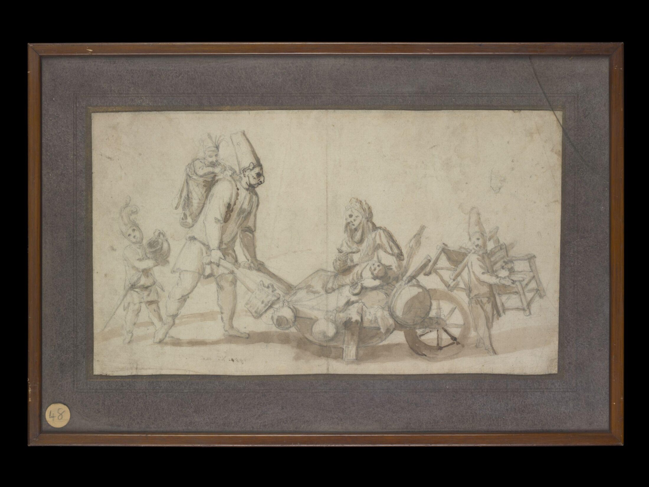 Pencil and wash drawing. A family group of masked figures. A man in a tall hat, carrying a small child in a basket on his back, pushes a barrow in which sits a woman holding a baby. Two young children accompany them; a boy, left, holds a jug, and a second