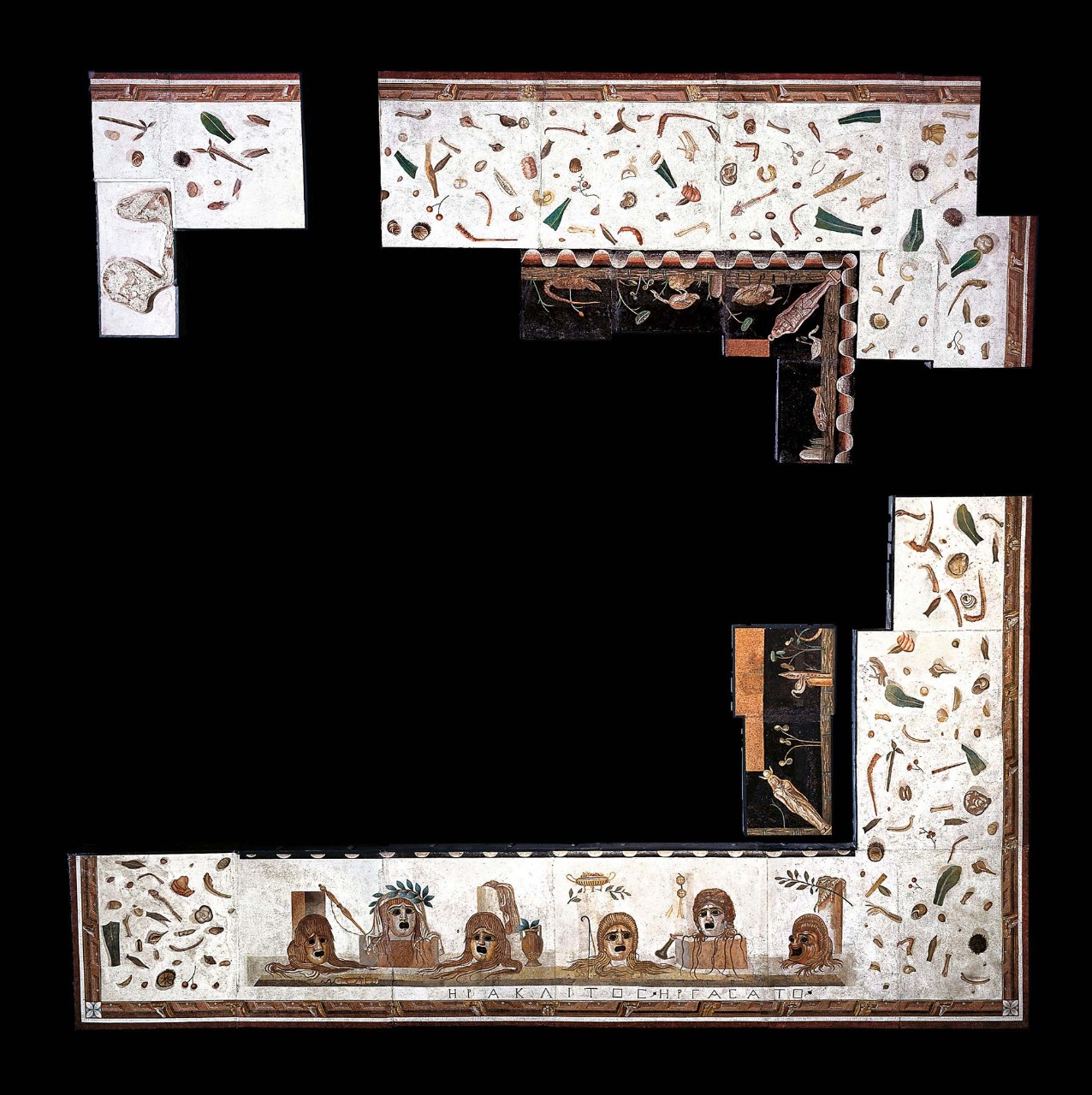 Floor mosaic which depicts the leftovers of a meal on a floor.