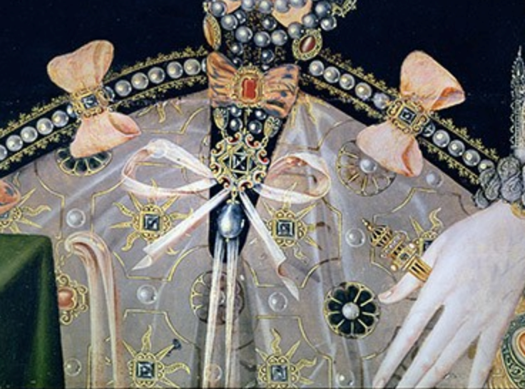 'Pendant pearl' detail from Portrait of Elizabeth I of England, the Armada Portrait. 