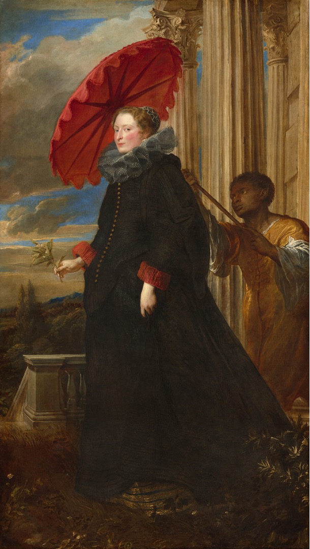 A tall woman with pale white skin and a shorter man with brown skin stand on a terrace in this vertical, full-length portrait. 