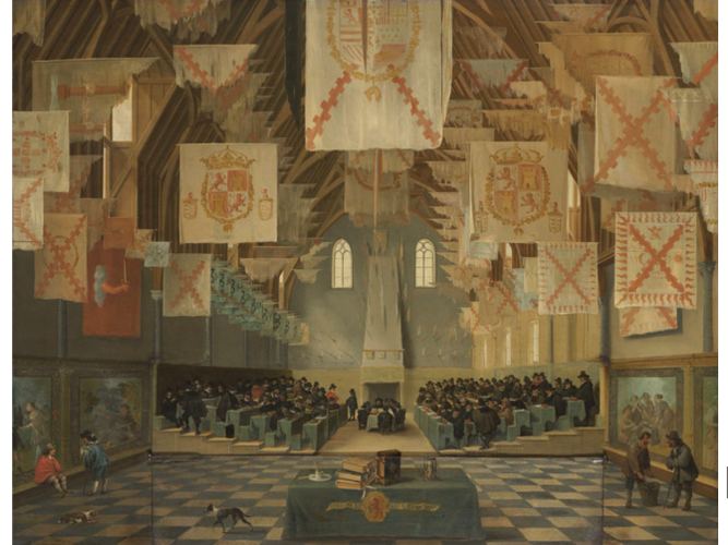 A large hall with a chequered floor and Southern Netherlandish and Spanish flags hanging from the ceiling. A large group of men, all wearing black, are seated in the middle of the hall in two opposite blocks.