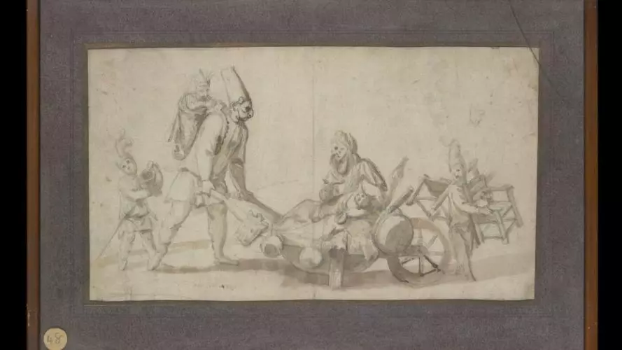 Pencil and wash drawing. A family group of masked figures. A man in a tall hat, carrying a small child in a basket on his back, pushes a barrow in which sits a woman holding a baby. Two young children accompany them; a boy, left, holds a jug, and a second