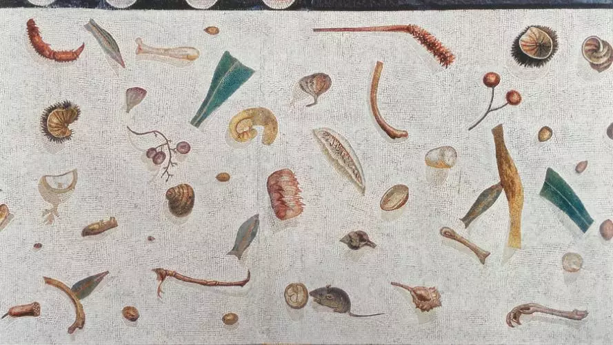 Floor mosaic which depicts the leftovers of a meal on a floor.
