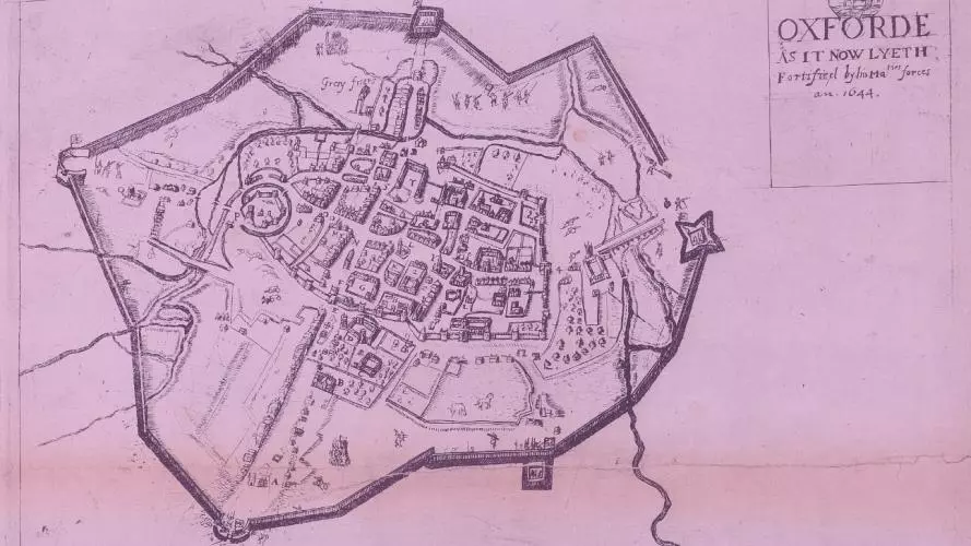 A 17th C map of Oxford fortifications during the Civil War formerly owned by Anthony Wood