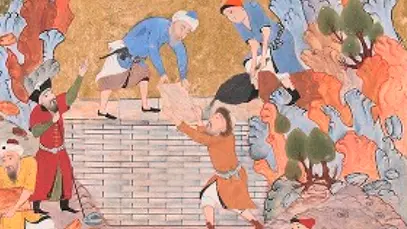Image of Alexander building a wall against Gog and Magog