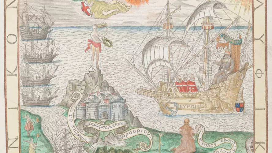 Coloured woodcut from John Dee's Navigation. Depicts a ship off a coastline with soldiers and symbolic figures.