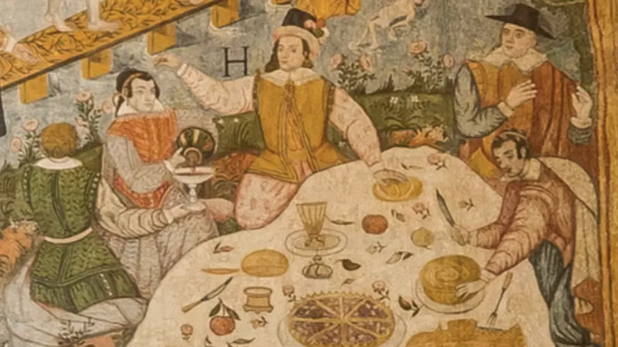 A feast scene, a detail Church of Saint Peter of Andahuaylillas, Peru, 1620s