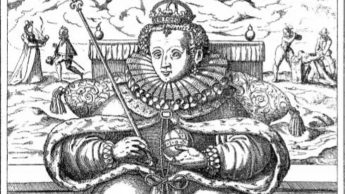 Engraving with German text of Elizabeth I