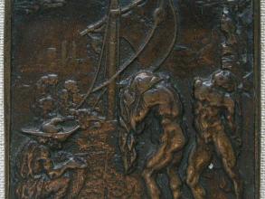 Square metal plaquette depicting a scene from Plautus.