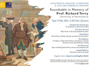 Seminar programme in front of an 18th century caricature of men in a library