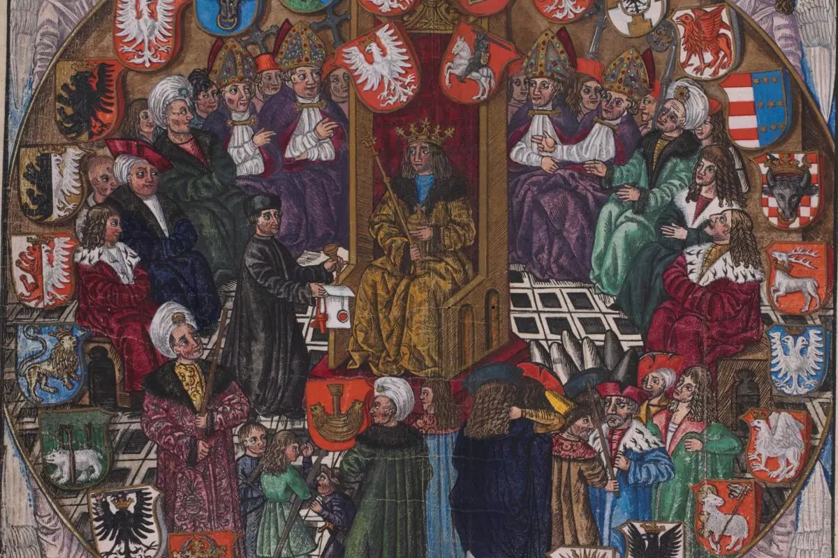 Painting of a group of clerical and lay figures, surrounding an enthroned king, bordered by heraldry